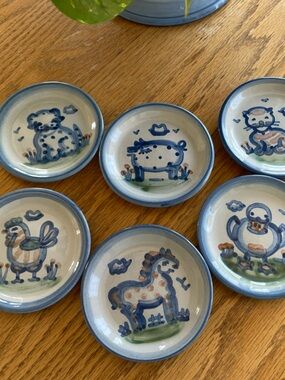M A Hadley country blue coasters EUC 6 animals hand thrown , hand painted 4”